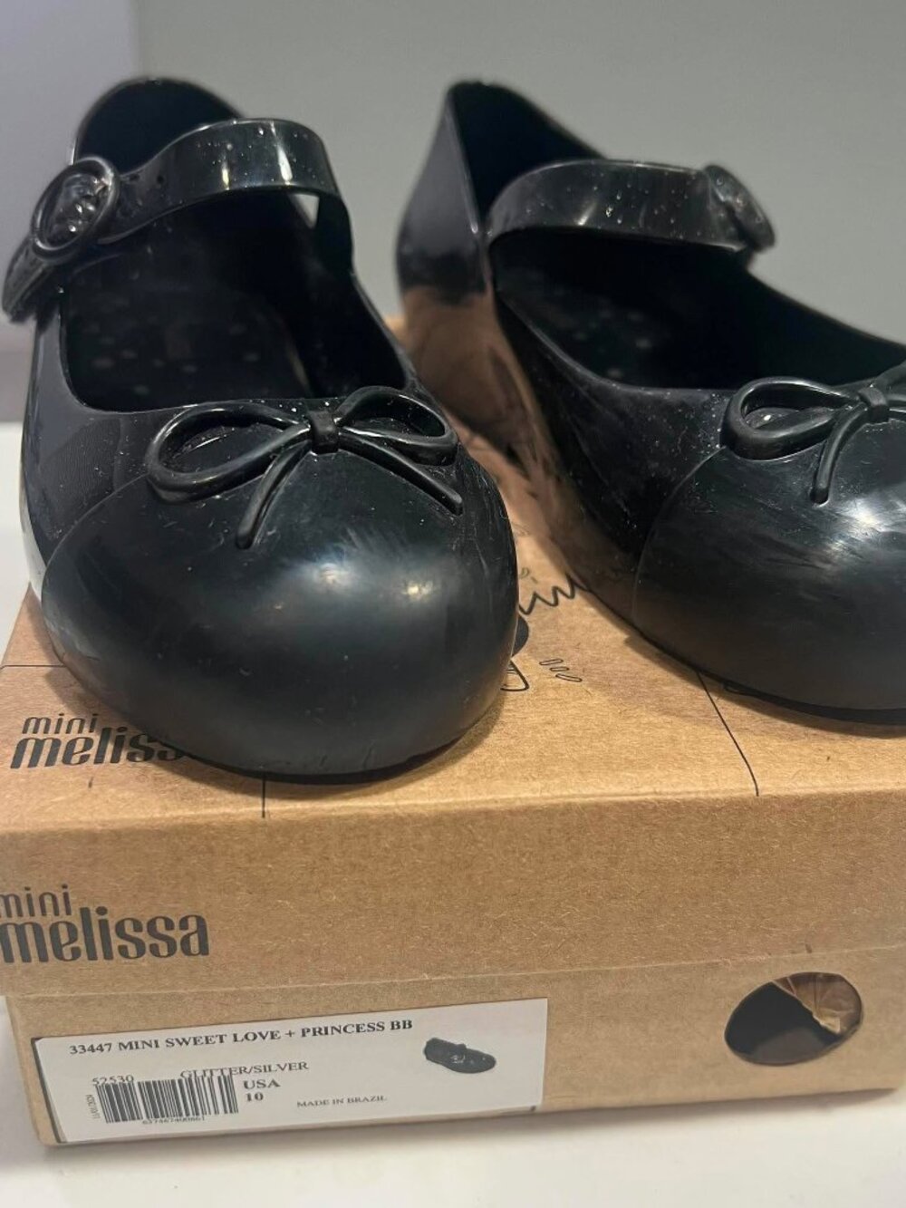 Mini Melissa Sweet Love Princess BB Black Glitter Bow Shoes Size 10 Toddler